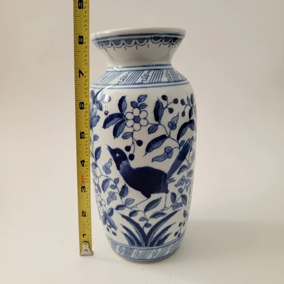 Blue & White Porcelain Chinoisery Bird Floral Pattern Vase Vessel - Picture 4 of 7
